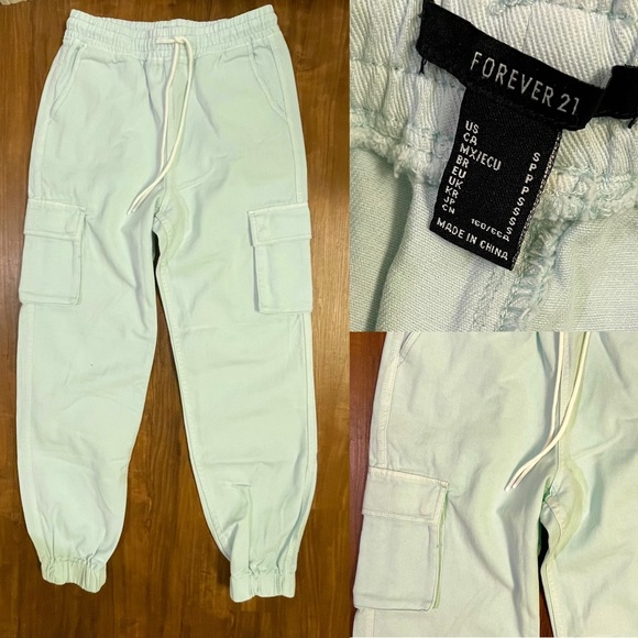 Forever21 Mint Green Garter Waist Cargo Jogger Jeans Loose Baggy Pants -Small - Picture 7 of 7
